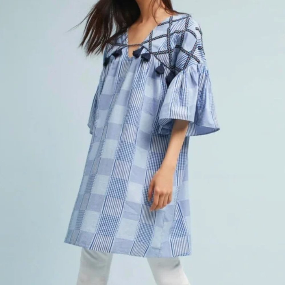 Anthropologie Maeve Blue Tassel Tunic Dress